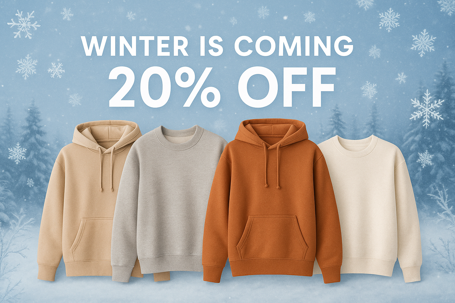 Winter promotional banner featuring cozy hoodies and sweatshirts with 20% OFF discount, set against a winter theme with snowflakes and seasonal elements